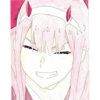 a drawing of a girl with pink hair and horns