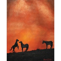 a painting of horses at sunset on a hill