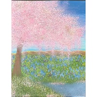 a painting of a cherry blossom tree with blue flowers