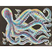 an octopus with colorful tentacles on a black background