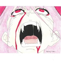 a drawing of a girl with red eyes and blood on her face