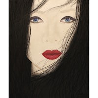 a painting of a woman with black hair and blue eyes