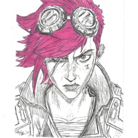 a drawing of a girl with pink hair and goggles