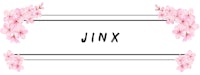 the word jinx on a white background with pink flowers