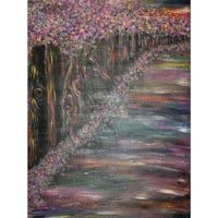 a painting of a river with trees in the background