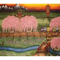 a painting of a japanese village with cherry blossoms