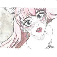 a drawing of a girl with pink hair and blue eyes