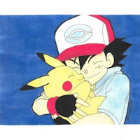 a drawing of a boy hugging a pikachu