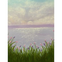 a painting of a sunset over a lake with purple flowers