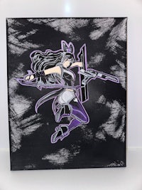 a black and purple painting of a girl with a sword