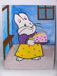 a painting of a bunny holding a cake