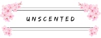 the word unscented on a white background with pink flowers